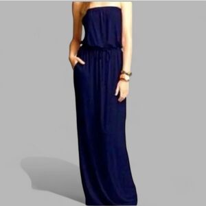 JCrew Women's Strapless Bouncy Flowy Drawstring Waist Pocket Maxi Dress NavyBlue